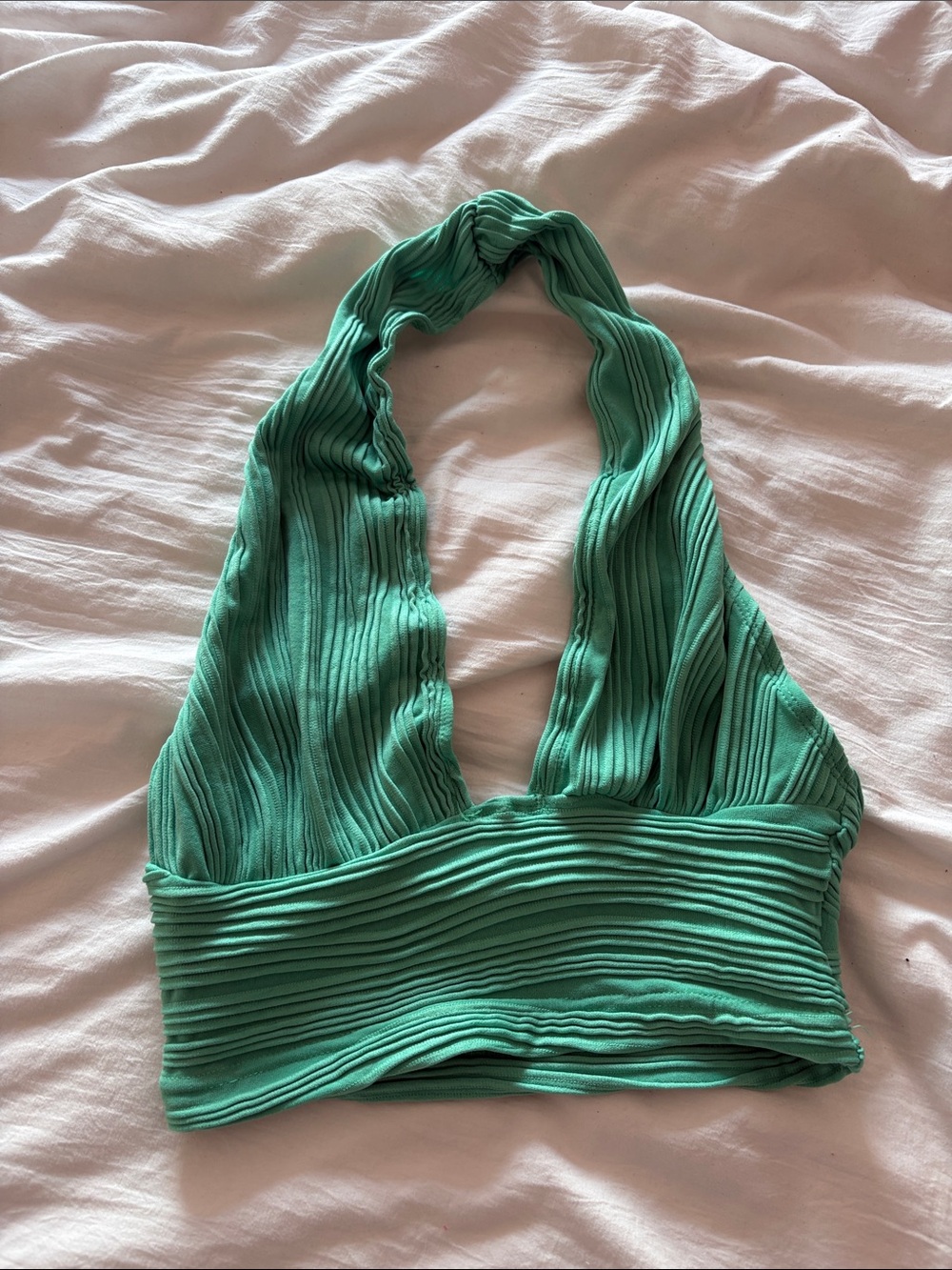 Green Ribbed Halter Crop Top